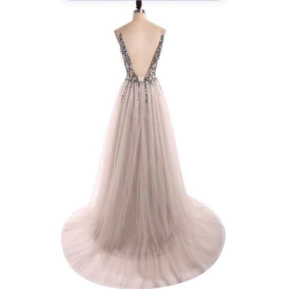 Prom Dress Sexy Deep V Neck Sequins Beads Tulle Lace High Split Long Evening - Picture 4 of 9